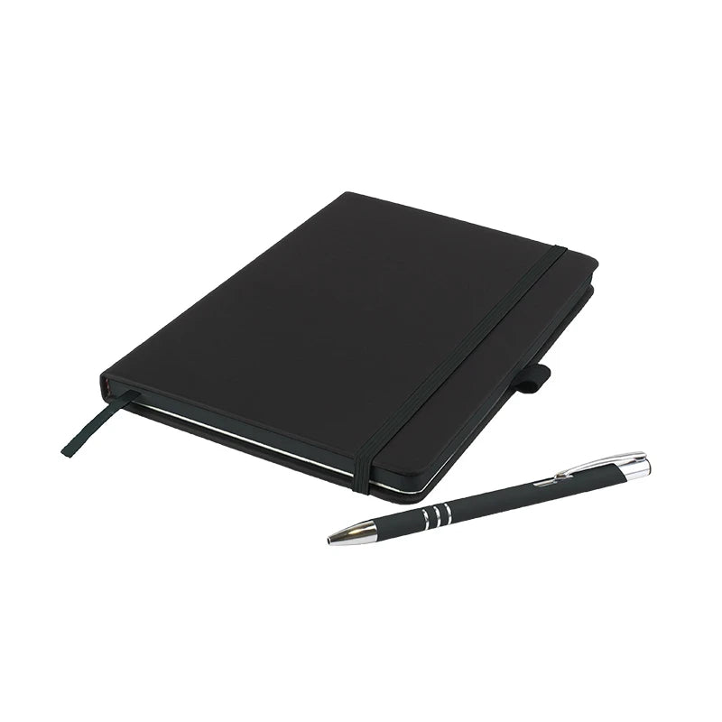 DeNiro Edge A5 soft-feel PU hardback notebook with matching DaVinci ballpen, Black