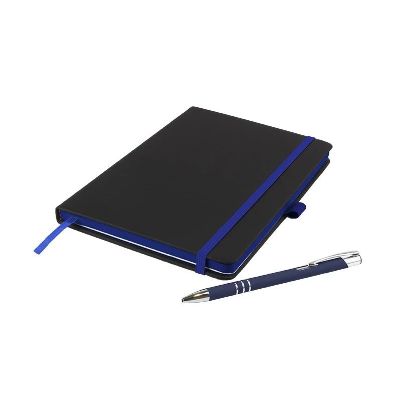 DeNiro Edge A5 soft-feel PU hardback notebook with matching DaVinci ballpen, Navy