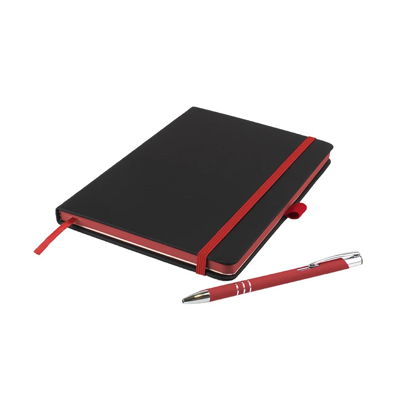 DeNiro Edge A5 soft-feel PU hardback notebook with matching DaVinci ballpen, Red
