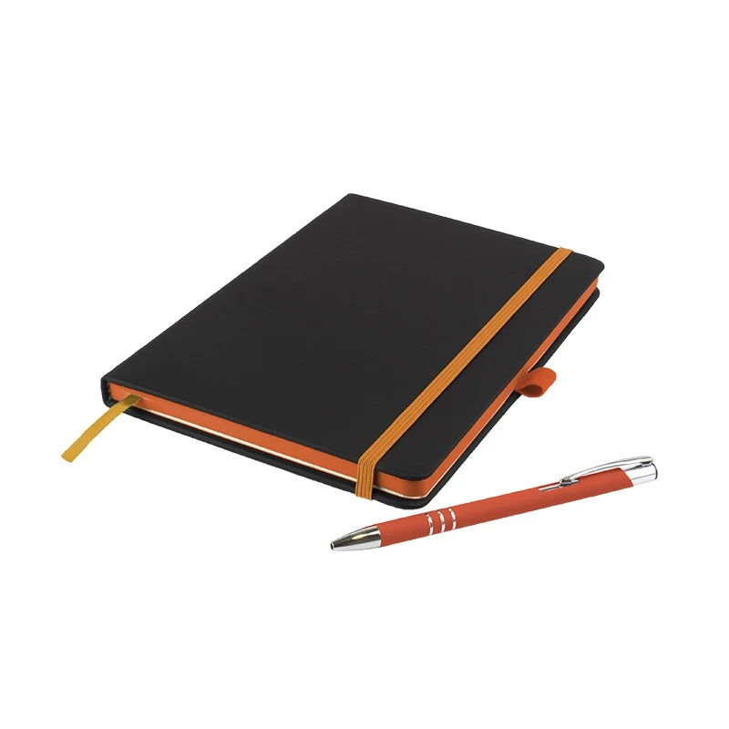 DeNiro Edge A5 soft-feel PU hardback notebook with matching DaVinci ballpen, Orange
