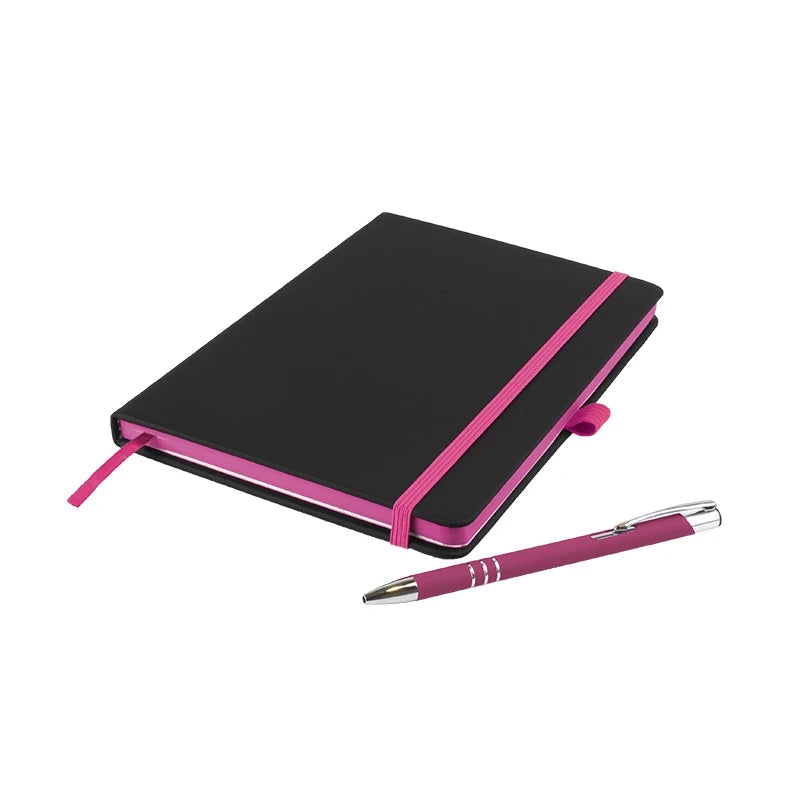 DeNiro Edge A5 soft-feel PU hardback notebook with matching DaVinci ballpen, Pink