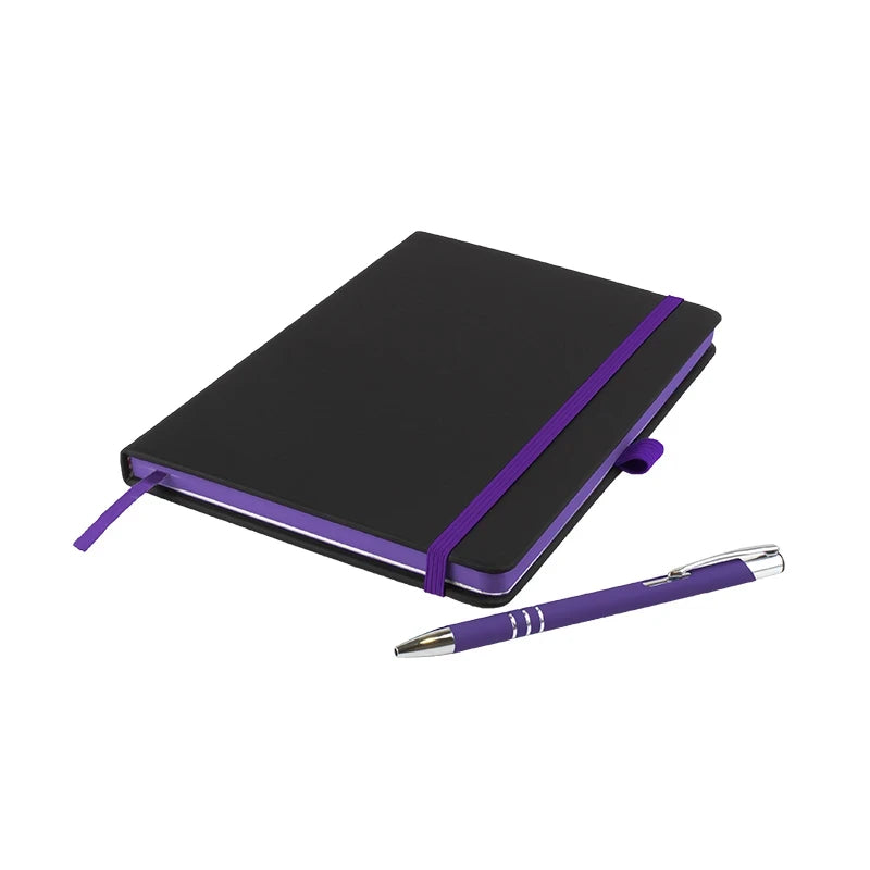 DeNiro Edge A5 soft-feel PU hardback notebook with matching DaVinci ballpen, Purple