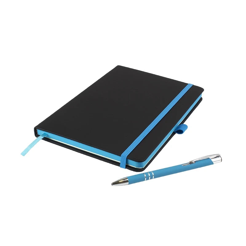 DeNiro Edge A5 soft-feel PU hardback notebook with matching DaVinci ballpen, Teal