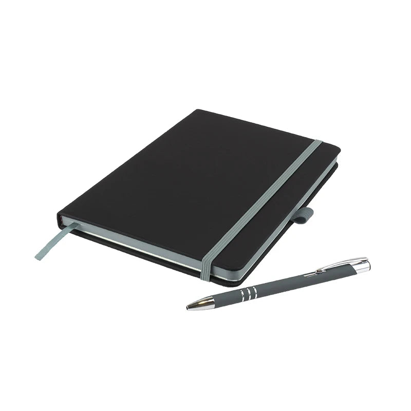 DeNiro Edge A5 soft-feel PU hardback notebook with matching DaVinci ballpen, Grey