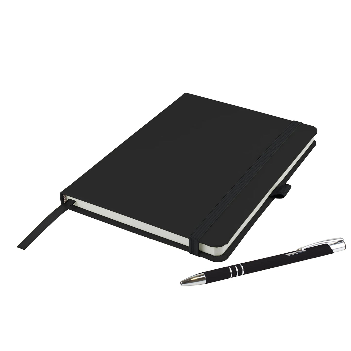 Dimes A5 premium notebook with soft-touch cover, pen loop and colour matched pen and accessories, Black
