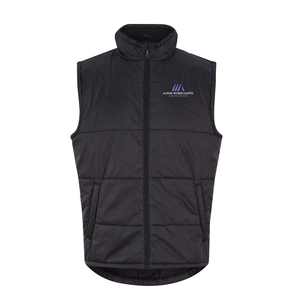 Pro bodywarmer with embroidered Alpine Works logo on chest, branded UK workwear