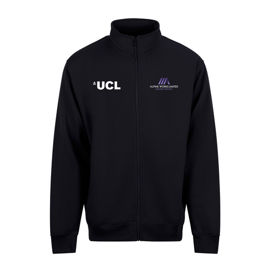 Pro full-zip sweatshirt with embroidered UCL and Alpine Works logos on chest, ethically made branded workwear