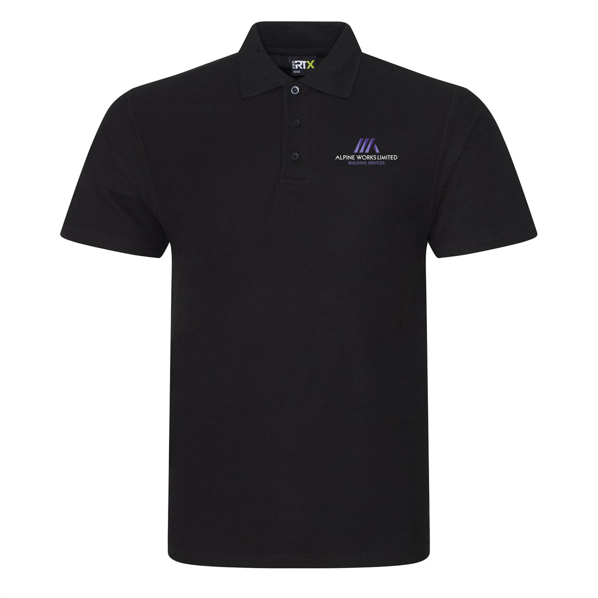 Black Alpine Works RX101 polo shirt with embroidered logo on left chest, ethically made 50% cotton 50% polyester workwear