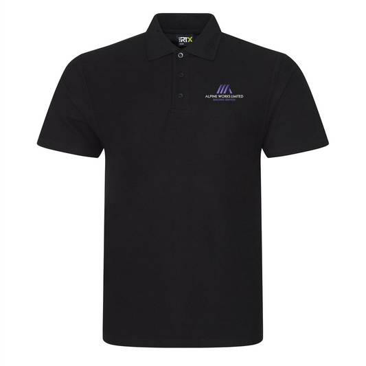 Black Alpine Works RX101 polo shirt with embroidered logo on left chest, ethically made 50% cotton 50% polyester workwear