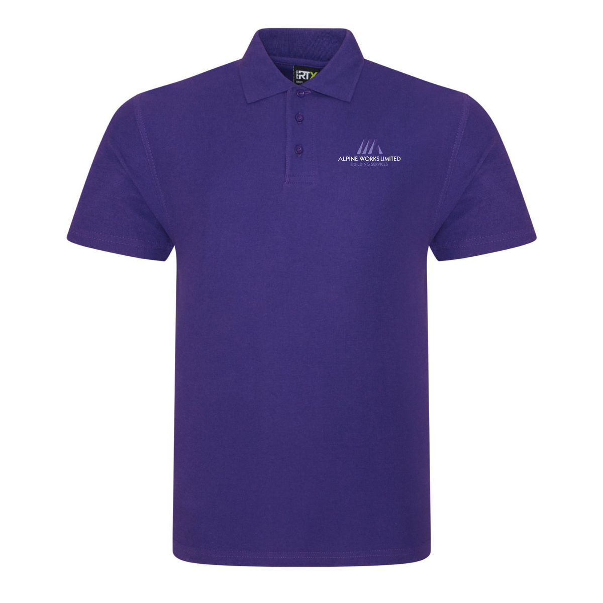 Purple Alpine Works RX101 polo shirt with embroidered logo on left chest, ethically made 50% cotton 50% polyester workwear