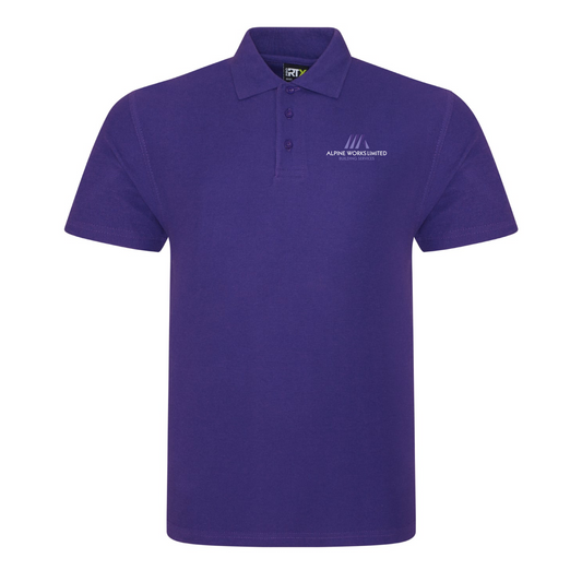 Purple Alpine Works RX101 polo shirt with embroidered logo on left chest, ethically made 50% cotton 50% polyester workwear