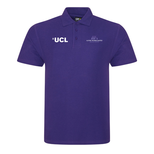Purple Alpine Works RX101 polo shirt with embroidered UCL logo on left chest, ethically made 50% cotton 50% polyester workwear