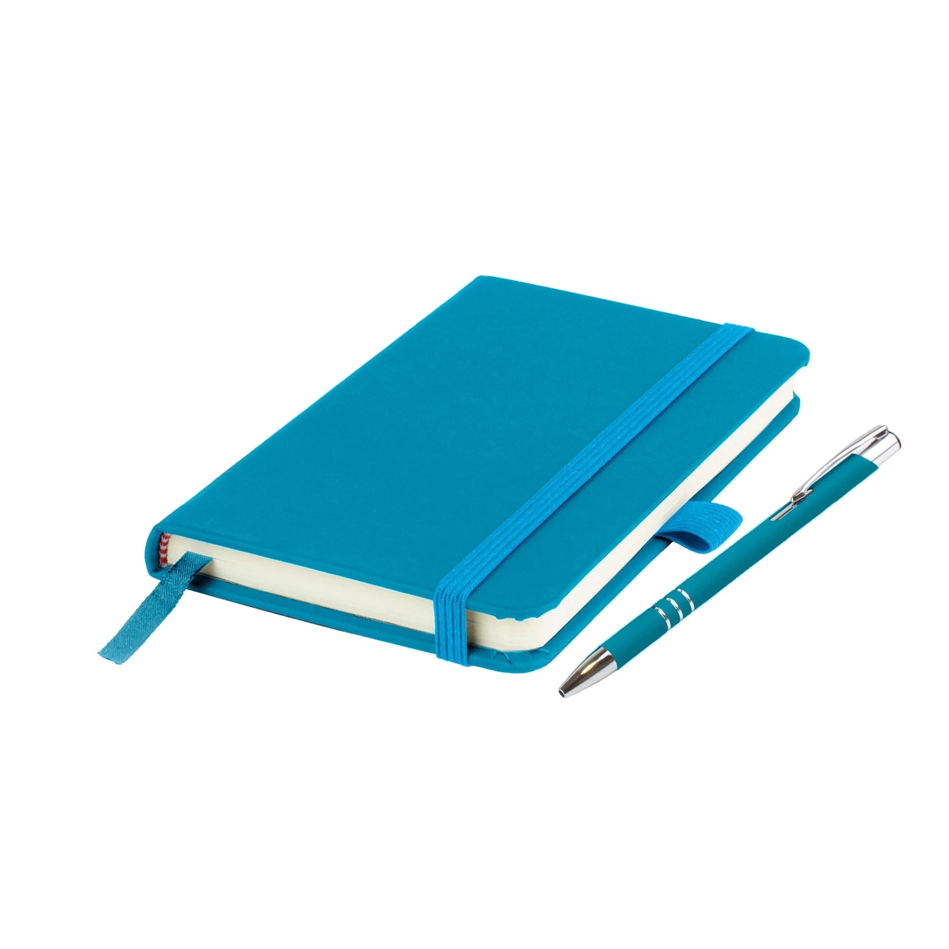 Moretti A5 notebook with Italian-style PU cover, edge stitching and Lago ballpen, Teal