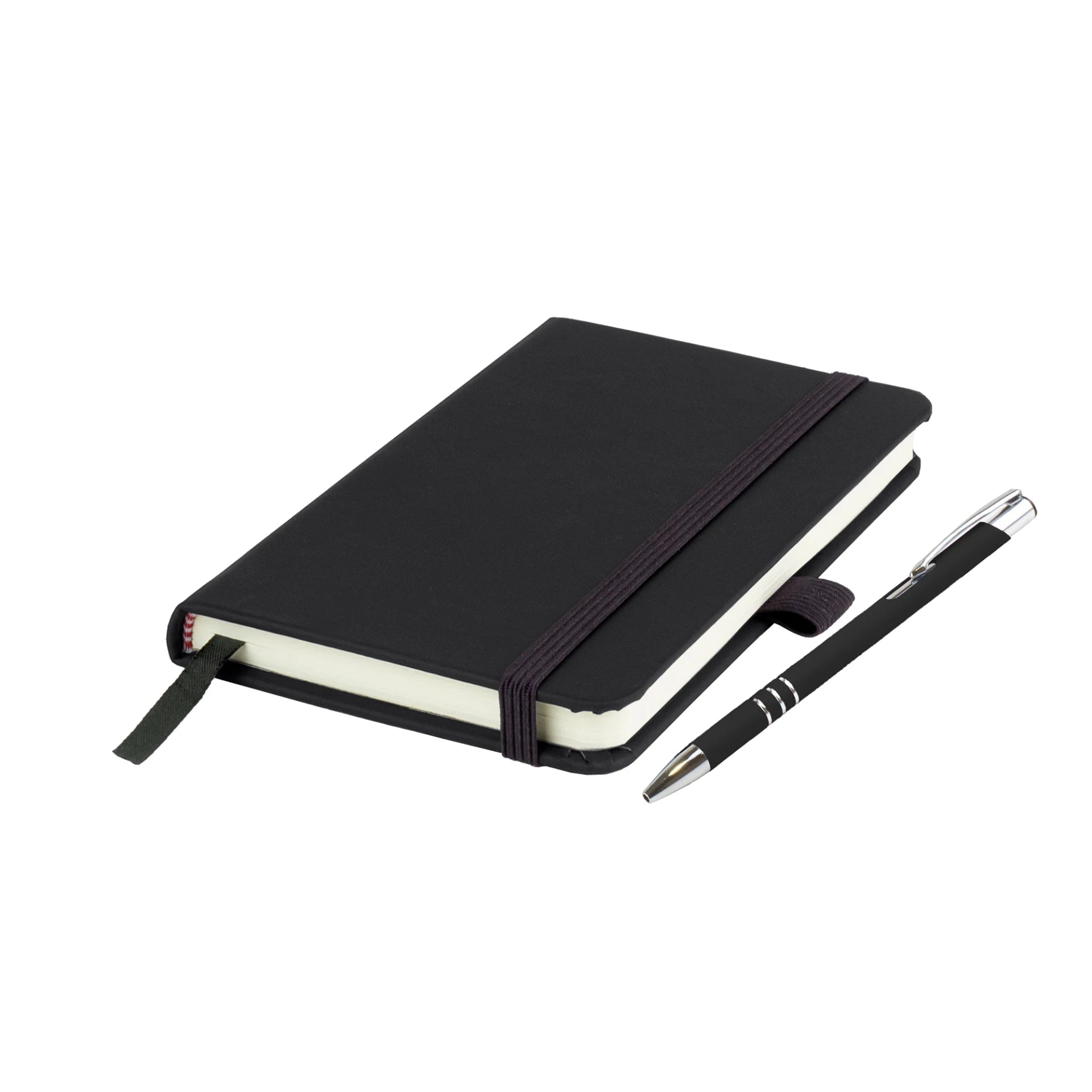 Moretti A5 notebook with Italian-style PU cover, edge stitching and Lago ballpen, Black